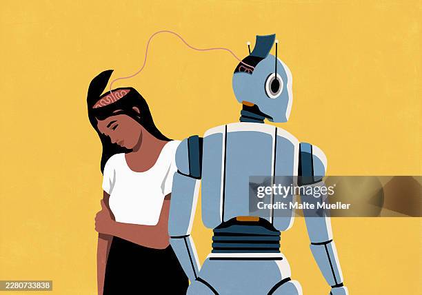 string connecting woman's brain to humanoid robot's head - string theory science stock illustrations