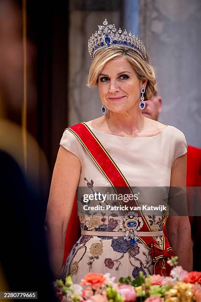 Queen Maxima of The Netherlands at the state banquet on the first day of German President Frank-Walter Steinmeier's State visit to The Netherlands at...