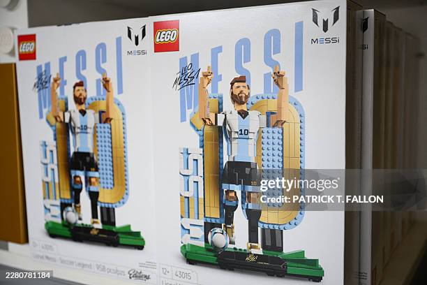 A LEGO Editions set of Argentina's forward Lionel Messi is displayed for sale in a store during the FIFA World Cup 2026 Experience for fans at...