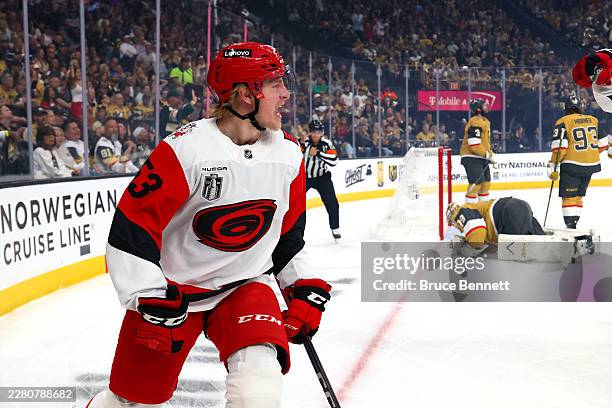 Jackson Blake of the Carolina Hurricanes celebrates after scoring a first period goal against the Vegas Golden Knights in Game Four of the 2026...