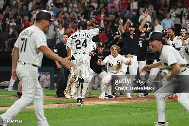 The Chicago White Sox celebrate a walk-off, two-run home run by Braden Montgomery in the 10th inning playing in his MLB debut against the Atlanta...