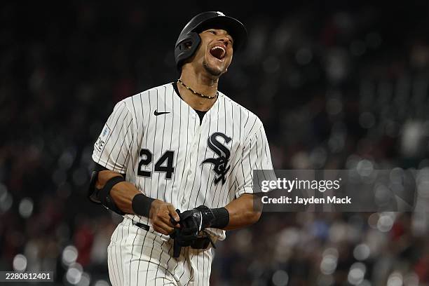 Braden Montgomery of the Chicago White Sox celebrates his walk-off, two-run home run in the 10th inning against the Atlanta Braves in his MLB debut...