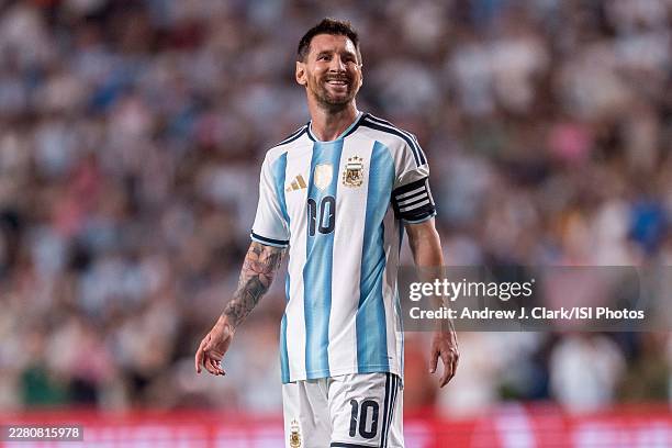 Lionel Messi of Argentina smiles at the crowd during an International Friendly between Argentina v Iceland at Jordan-Hare Stadium on June 9, 2026 in...