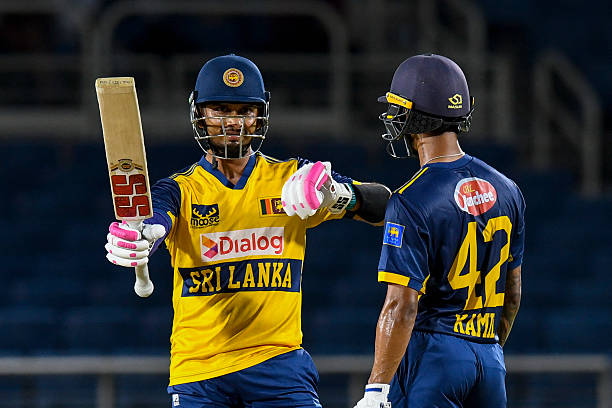 Dasun Shanaka of Sri Lanka celebrates his half century during the second Twenty20 international cricket match between West Indies and Sri Lanka at...
