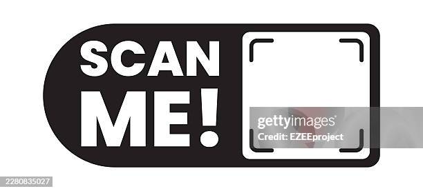 scan me qr code frame banner template with smartphone icon in flat design. minimalist scan me rectangular label icon symbol. modern qr code border frame layout. barcode scan me tag template - qr code icon stock illustrations