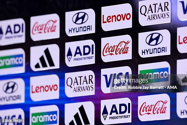 Detail of the sponsors on the post match interview board during the FIFA World Cup 2026 Group C match between Haiti and Scotland at Boston Stadium on...