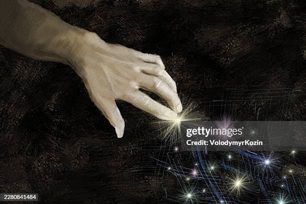 human and ai series: realistic male hand reaching to touch digital neural network - hand reaching forward stock illustrations