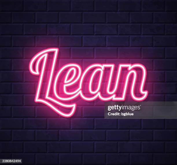 lean - glowing neon text on brick wall background - leaning on wall stock illustrations