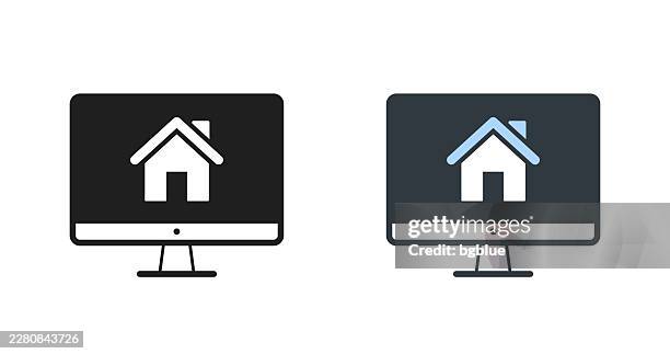 desktop computer with smart home. icons for design - editable icon - using desktop computer at home stock illustrations