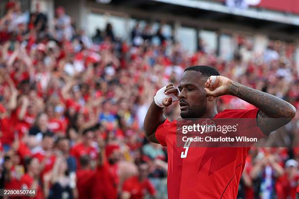 Cyle Larin of Canada celebrates scoring their equalising goal to bring the score to 1-1 during the FIFA World Cup 2026 Group B match between Canada...