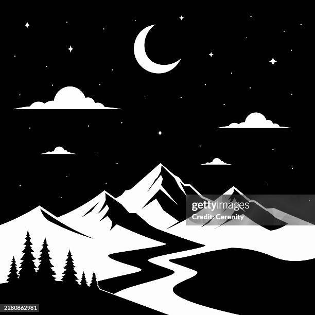 minimale berglandschaft mit halbmond- und windfluss-vektor-illustration - tal stock-grafiken, -clipart, -cartoons und -symbole