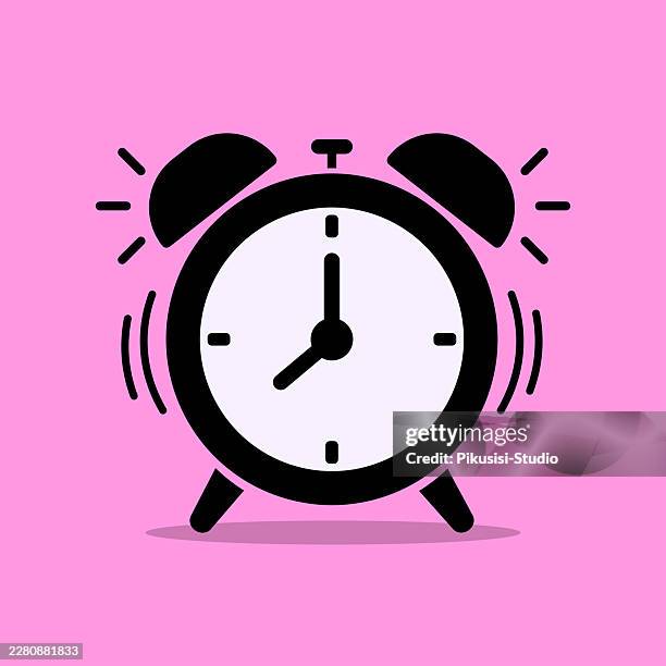 ringing vintage alarm clock vector icon on pink background - wall hanging vector stock illustrations
