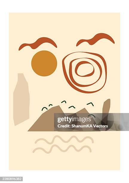 boho tropical abstract wall art with cactus vase, palm leaf and geometric line art, modern pastel interior decor background, minimalist retro poster template in earth tone colors - hanging succulent stock illustrations