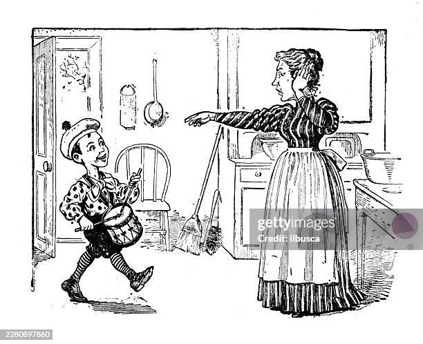 boy with drum, comic cartoon - annoying parent stock illustrations