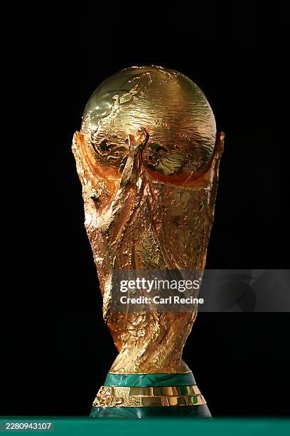 The World Cup trophy is seen during a FIFA World Cup 2026 Opening Press Conference at Mexico City Stadium on June 10, 2026 in Mexico City, Mexico.