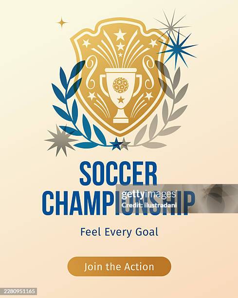 soccer elegant celebration shield with trophy and laurels post template - gold shield background stock illustrations