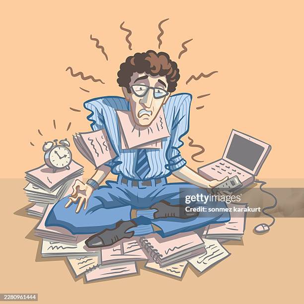 white-collar workers practise meditation - squat exercise stock illustrations
