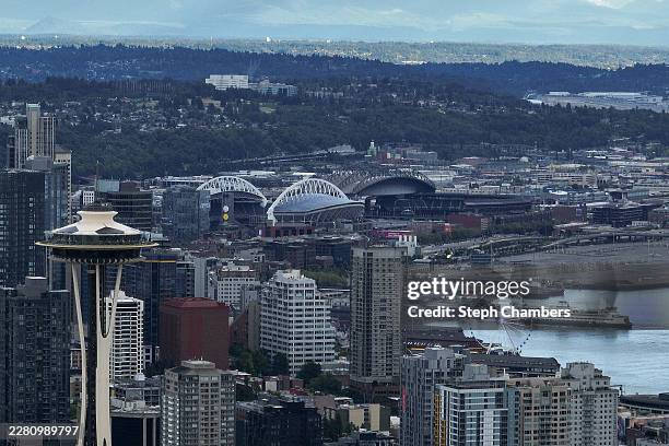 The Space Needle, painted like a giant soccer ball, stands above Seattle Stadium, temporarily renamed from Lumen Field, on June 10, 2026 in Seattle,...