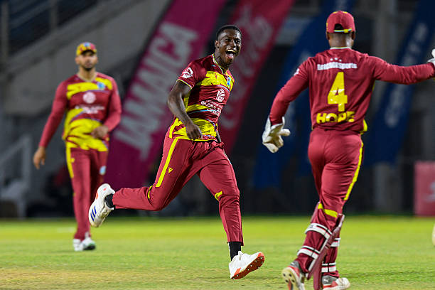 Shamar Joseph of West Indies celebrates the dismissal of Pavan Rathnayake of Sri Lanka during the third Twenty20 international cricket match between...