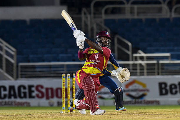 Sherfane Rutherford of West Indies hits 6 during the third Twenty20 international cricket match between West Indies and Sri Lanka at Sabina Park in...