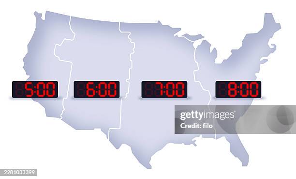 time zone clock usa map background - digital clock white background stock illustrations