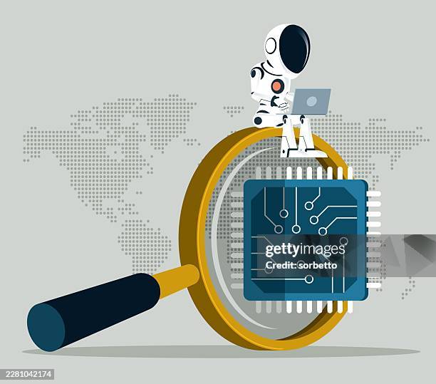 microchip - magnifying glass - ai robot - semiconductor stock illustrations
