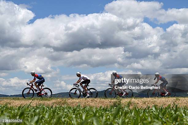Clement Berthet of France and Team Groupama - FDJ United, Benoit Cosnefroy of France and UAE Team Emirates - XRG, Quentin Pacher of France, Guillaume...