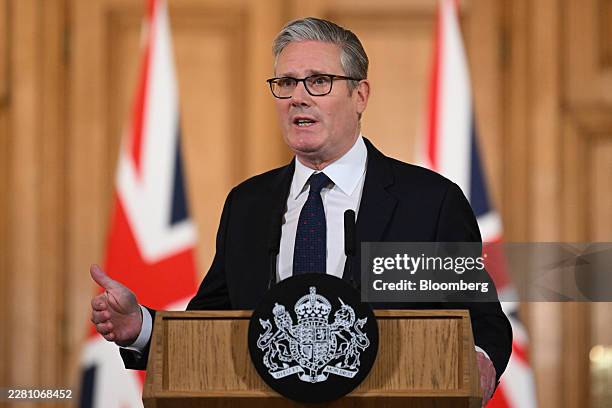 Keir Starmer, UK prime minister, during a news conference announcing a ban on young teenagers using social media, at Downing Street in London, UK, on...
