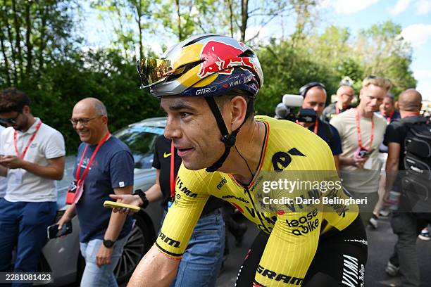 Stage winner Wout van Aert of Belgium and Team Visma | Lease a Bike reacts after the 78th Tour Auvergne-Rhone-Alpes 2026, Stage 5 a 195.8km stage...