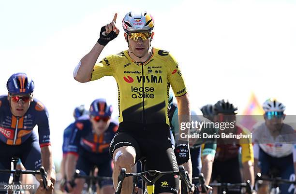 Wout van Aert of Belgium and Team Visma | Lease a Bike celebrates at finish line as stage winner during the 78th Tour Auvergne-Rhone-Alpes 2026,...
