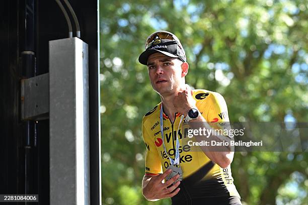 Wout van Aert of Belgium and Team Visma | Lease a Bike celebrates at podium as stage winner during the 78th Tour Auvergne-Rhone-Alpes 2026, Stage 5 a...