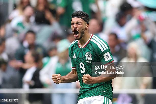 Raul Jimenez of Mexico celebrates scoring his team's second goal during the FIFA World Cup 2026 Group A match between Mexico and South Africa at...