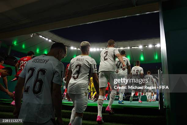 Denis Visinsky, Tomas Holes and David Zima of Czechia walk out before the FIFA World Cup 2026 Group A match between Korea Republic and Czechia at...