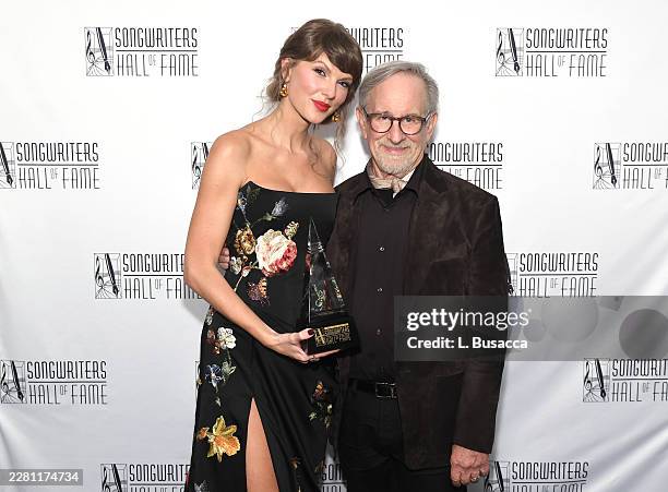 Taylor Swift and Steven Spielberg pose backstage during the 2026 Songwriters Hall Of Fame Induction Ceremony at The New York Marriott Marquis on June...