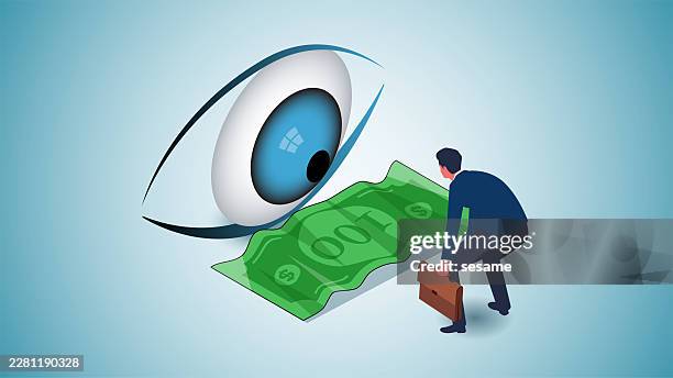 staring at money, inspection and auditing, financial supervision. isometric view a giant eye fixates on the money on the ground - vision stock illustrations