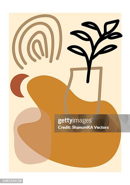 boho tropical abstract wall art with cactus vase, palm leaf and geometric line art, modern pastel interior decor background, minimalist retro poster template in earth tone colors - wallpaper decor stock illustrations