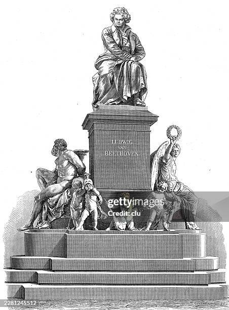 beethoven monument in vienna — the seated composer looks down sternly while allegorical figures of music gather around the pedestal - cherub statue stock illustrations