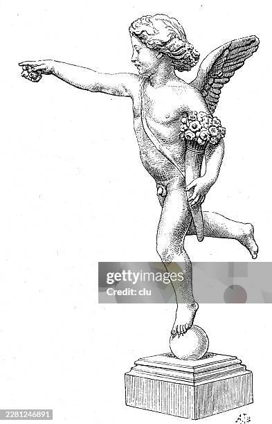 cupid statue by otto könig — the winged child balances on a sphere, pointing ahead while holding a bouquet of flowers - statue pedestal stock illustrations