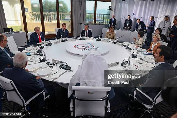 President Donald Trump, French President Emmanuel Macron, Canadian Prime Minister Mark Carney, Italian Prime Minister Giorgia Meloni, Japanese Prime...