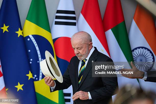 Brazil's President Luiz Inacio Lula da Silva arrives for the official greeting during the G7 summit, in Evian, eastern France, on June 16, 2026. A G7...