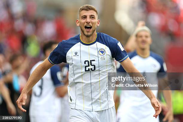 Jovo Lukic of Bosnia and Herzegovina celebrates scoring his team's first goal during the FIFA World Cup 2026 Group B match between Canada and Bosnia...