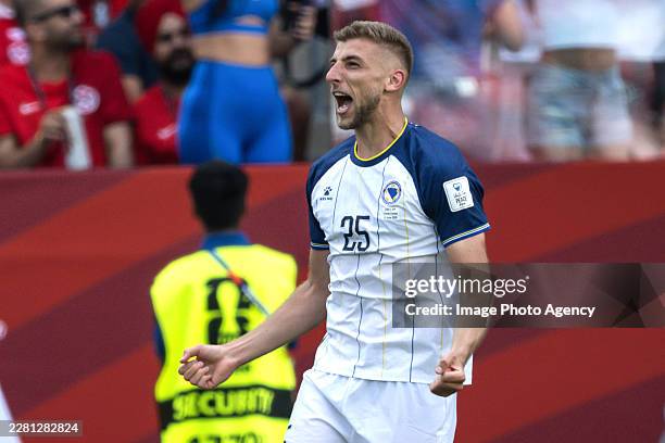 Jovo Lukic of Bosnia & Herzegovina celebrates his goal during the FIFA World Cup 2026 Group B match between Canada and Bosnia and Herzegovina at...