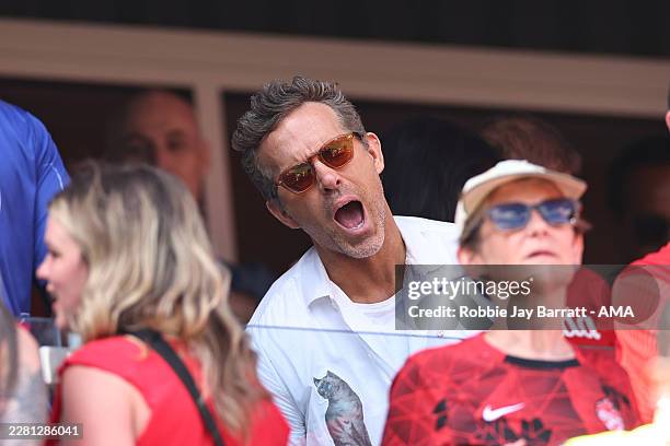 Ryan Reynolds, actor and co-owner of Wrexham reacts as he watches during the FIFA World Cup 2026 Group B match between Canada and Bosnia and...