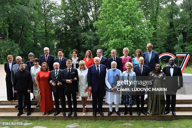 Italy's Prime Minister Giorgia Meloni, European Council President Antonio Costa, Ukraine's President Volodymyr Zelensky, Caroline Merotto, wife of...