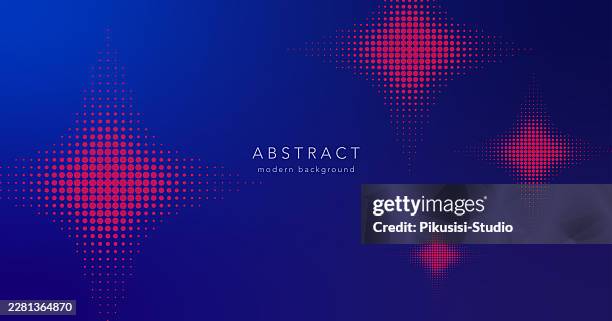 abstract deep blue background with pink halftone starburst shapes, modern geometric backdrop featuring red halftone stars on dark blue gradient - particle explosion stock illustrations