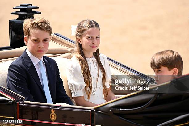 Prince George of Wales, Princess Charlotte of Wales and Prince Louis of Wales during Trooping The Colour on June 13, 2026 in London, England....