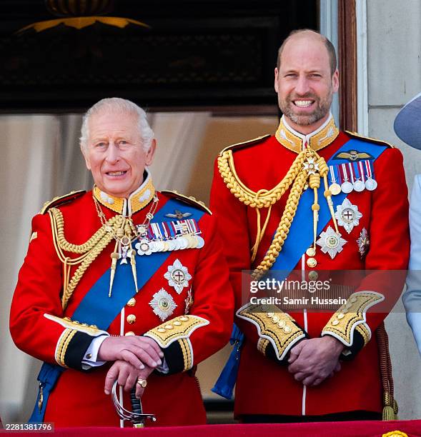 Trooping The Colour 2026LONDON, ENGLAND King Charles III and Prince William, Prince of Wales watch an RAF flypast from the balcony of Buckingham...