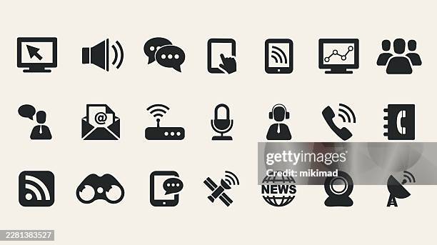 communication and technology icons set. modern flat black vector collection - white envelope stock illustrations