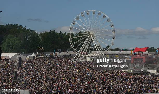 View of the main arena and Ferris wheel at Download Festival 2026 at Donington Park on June 13, 2026 in Castle Donington, England.