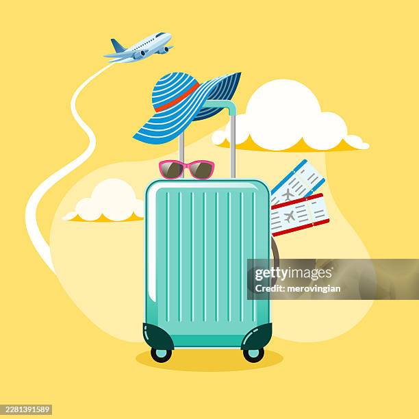 travel luggage with hat and tickets - straw hat stock illustrations